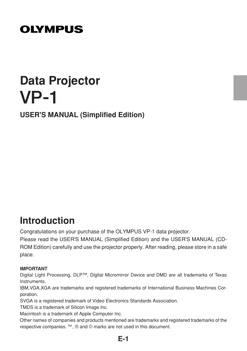 English, Vp-1, Data projector | Introduction | Olympus VP--1 User Manual | Page 2 / 42