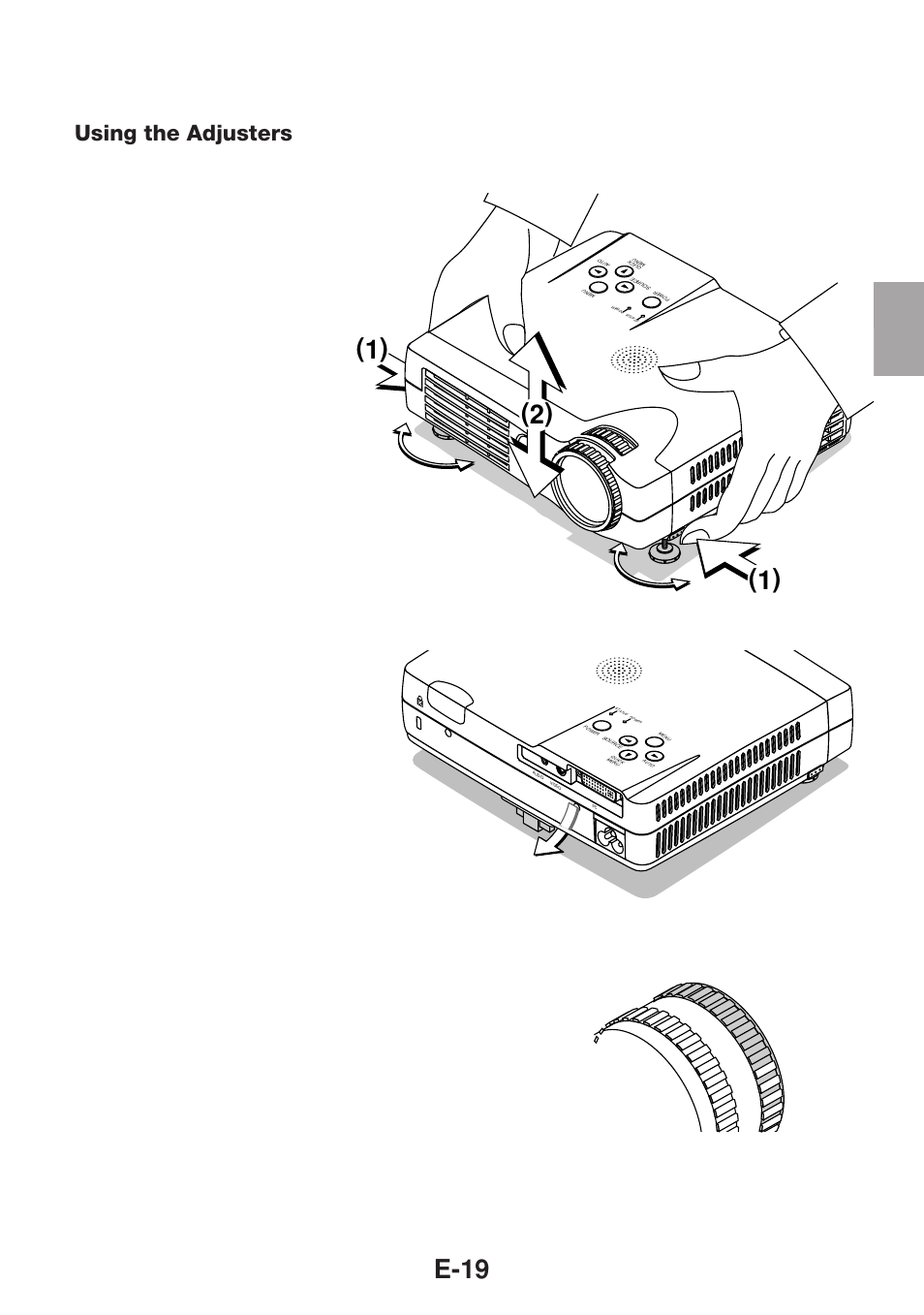 E-19, Using the adjusters | Olympus VP--1 User Manual | Page 20 / 42