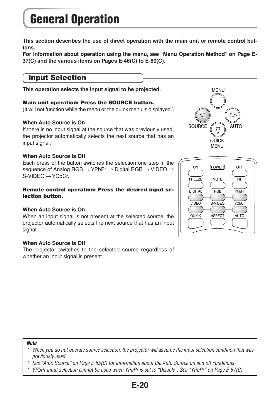 General operation, E-20, Input selection | Olympus VP--1 User Manual | Page 21 / 42