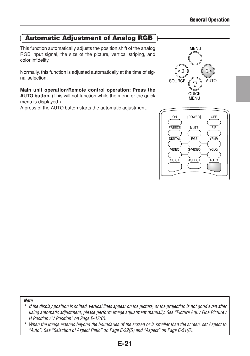 E-21, Automatic adjustment of analog rgb, General operation | Olympus VP--1 User Manual | Page 22 / 42