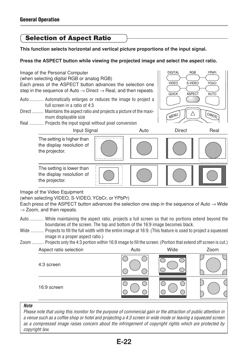 E-22, Selection of aspect ratio | Olympus VP--1 User Manual | Page 23 / 42