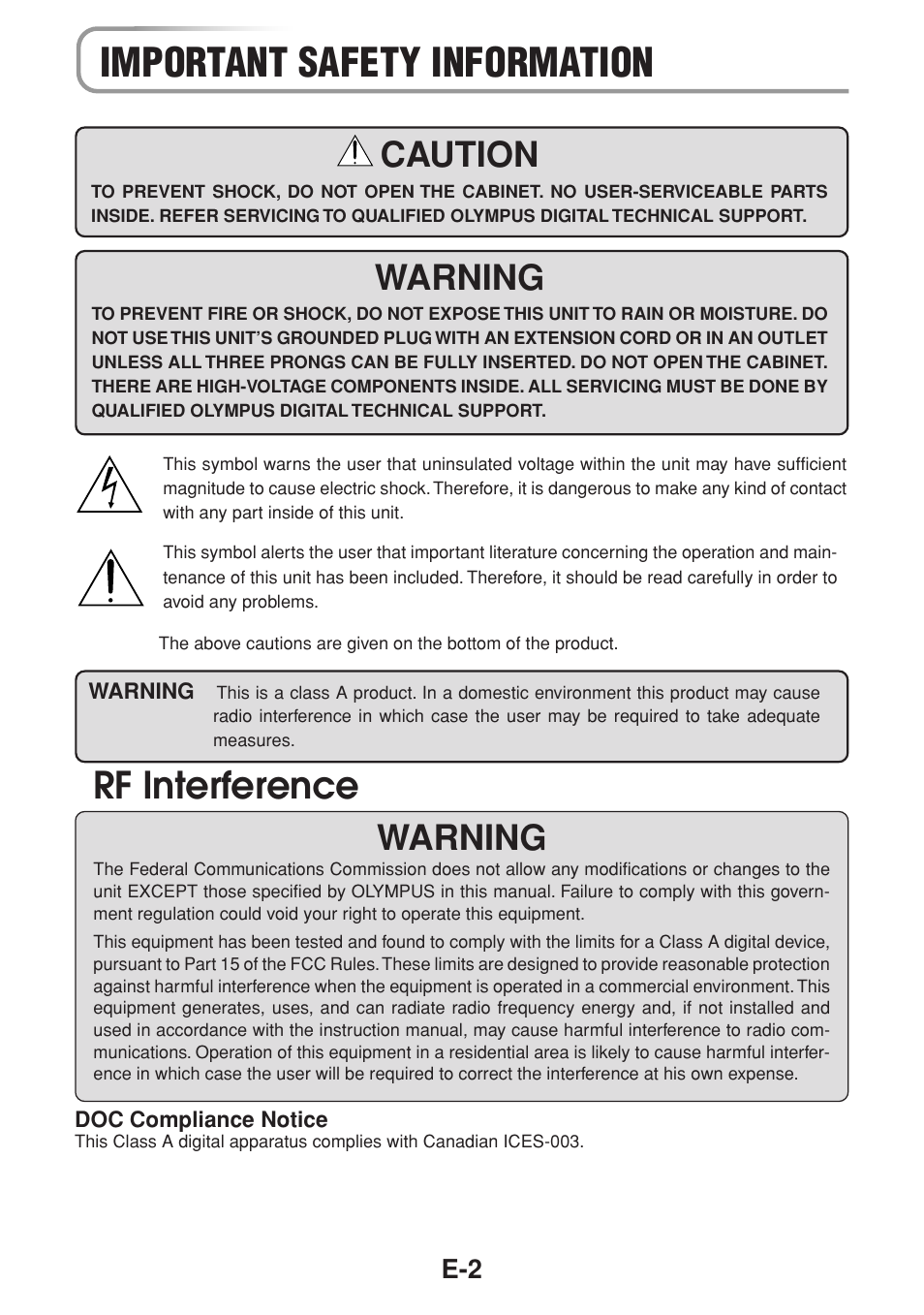 Important safety information, Rf interference, Caution | Warning | Olympus VP--1 User Manual | Page 3 / 42