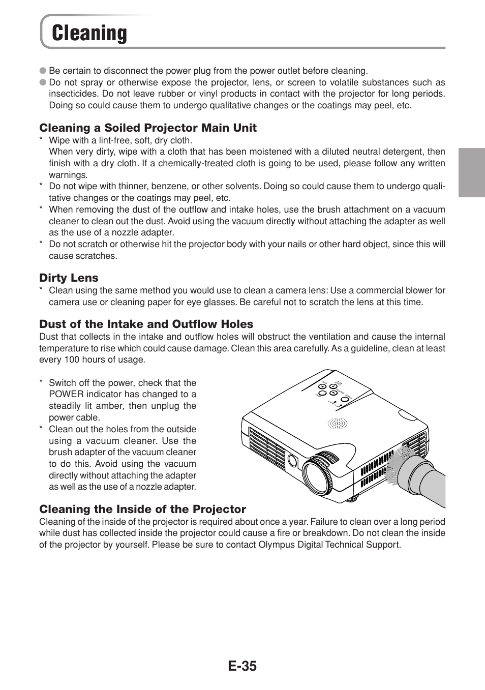 Cleaning, E-35, Cleaning a soiled projector main unit | Dirty lens, Dust of the intake and outflow holes, Cleaning the inside of the projector | Olympus VP--1 User Manual | Page 36 / 42