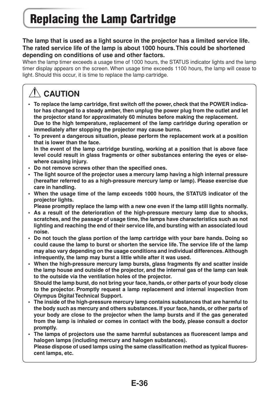 Replacing the lamp cartridge, E-36, Caution | Olympus VP--1 User Manual | Page 37 / 42