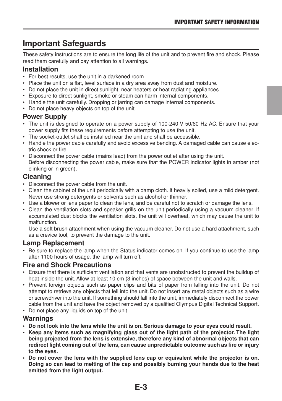 E-3 important safeguards | Olympus VP--1 User Manual | Page 4 / 42