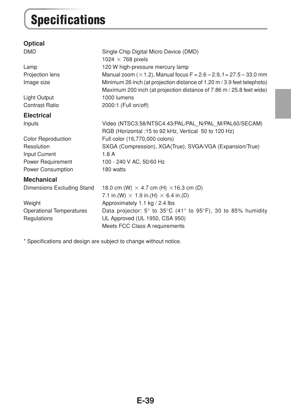 Specifications, E-39 | Olympus VP--1 User Manual | Page 40 / 42