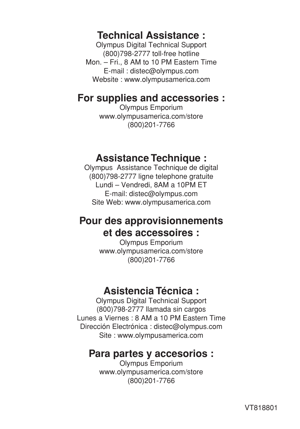 Cover_4, Asistencia técnica, Para partes y accesorios | Technical assistance, For supplies and accessories, Assistance technique, Pour des approvisionnements et des accessoires | Olympus VP--1 User Manual | Page 42 / 42