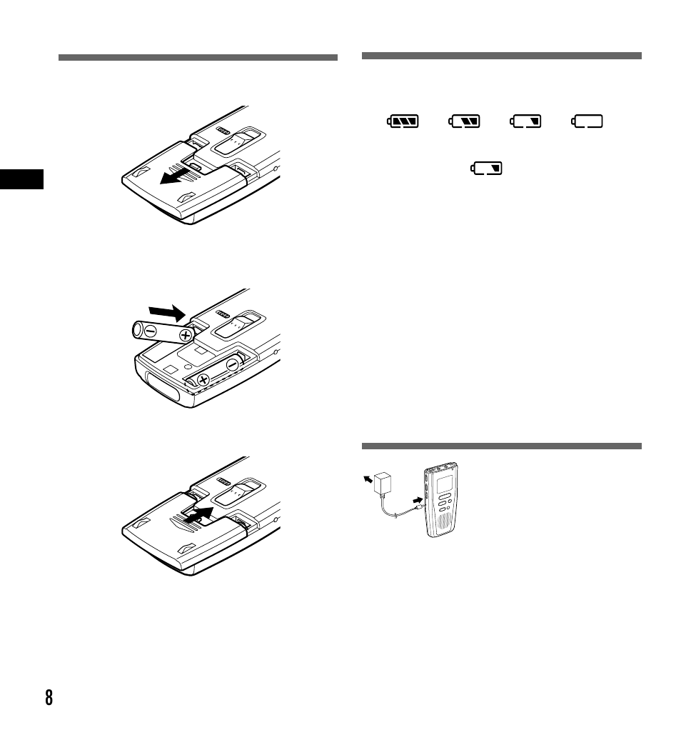 Replacing batteries, Using the ac adapter, Inserting batteries | Olympus Digital Voice Recorder DS-3000 User Manual | Page 8 / 32