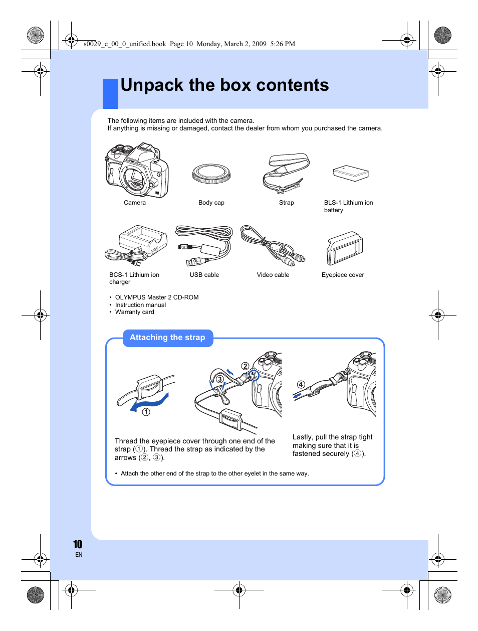 Unpack the box contents | Olympus E-450 User Manual | Page 10 / 140