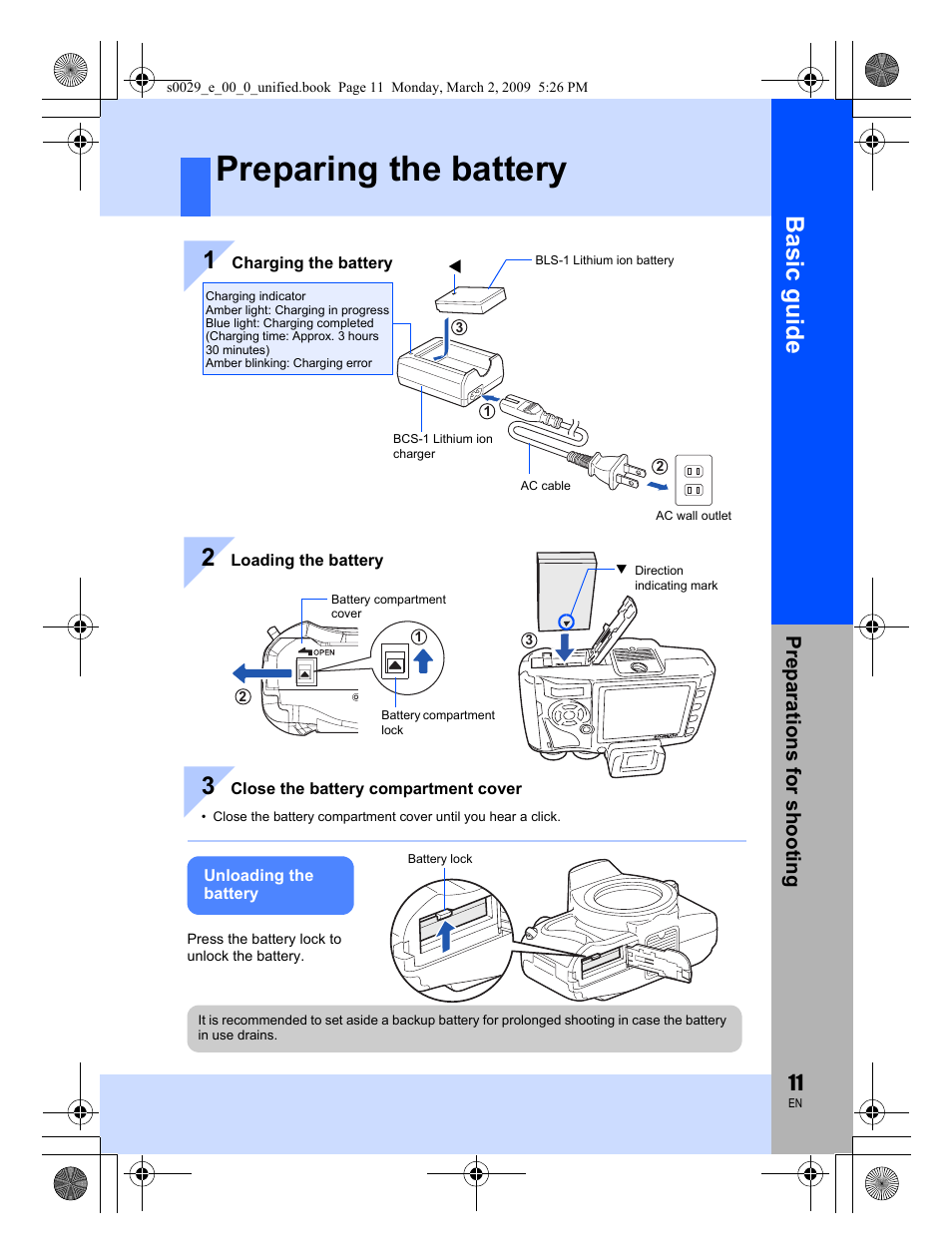 Preparing the battery, Basic guid e | Olympus E-450 User Manual | Page 11 / 140