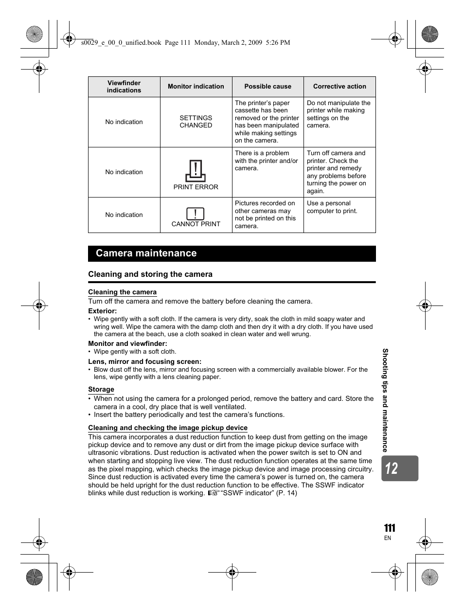 Camera maintenance | Olympus E-450 User Manual | Page 111 / 140