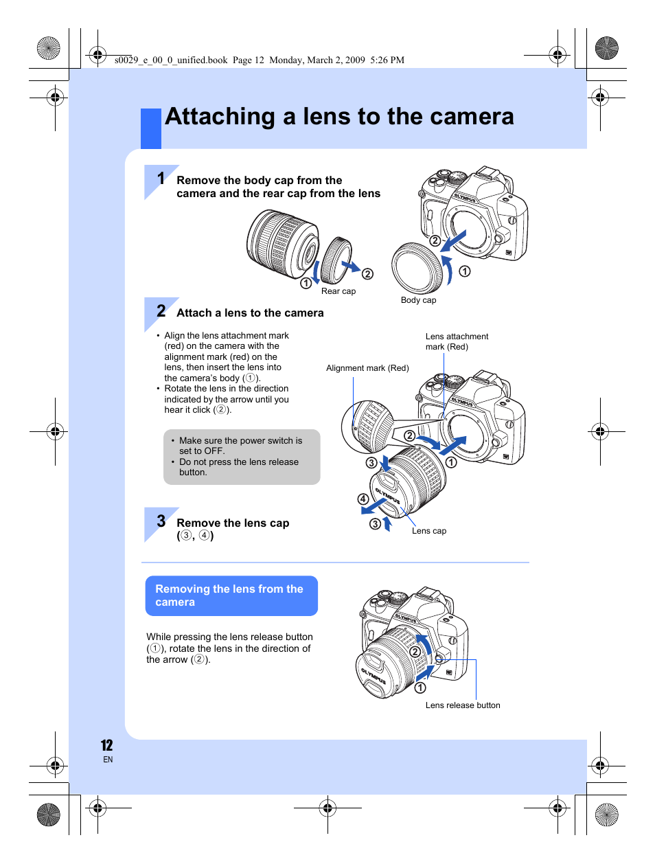 Attaching a lens to the camera | Olympus E-450 User Manual | Page 12 / 140