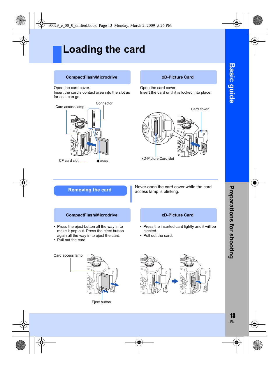 Loading the card, Basic guid e | Olympus E-450 User Manual | Page 13 / 140