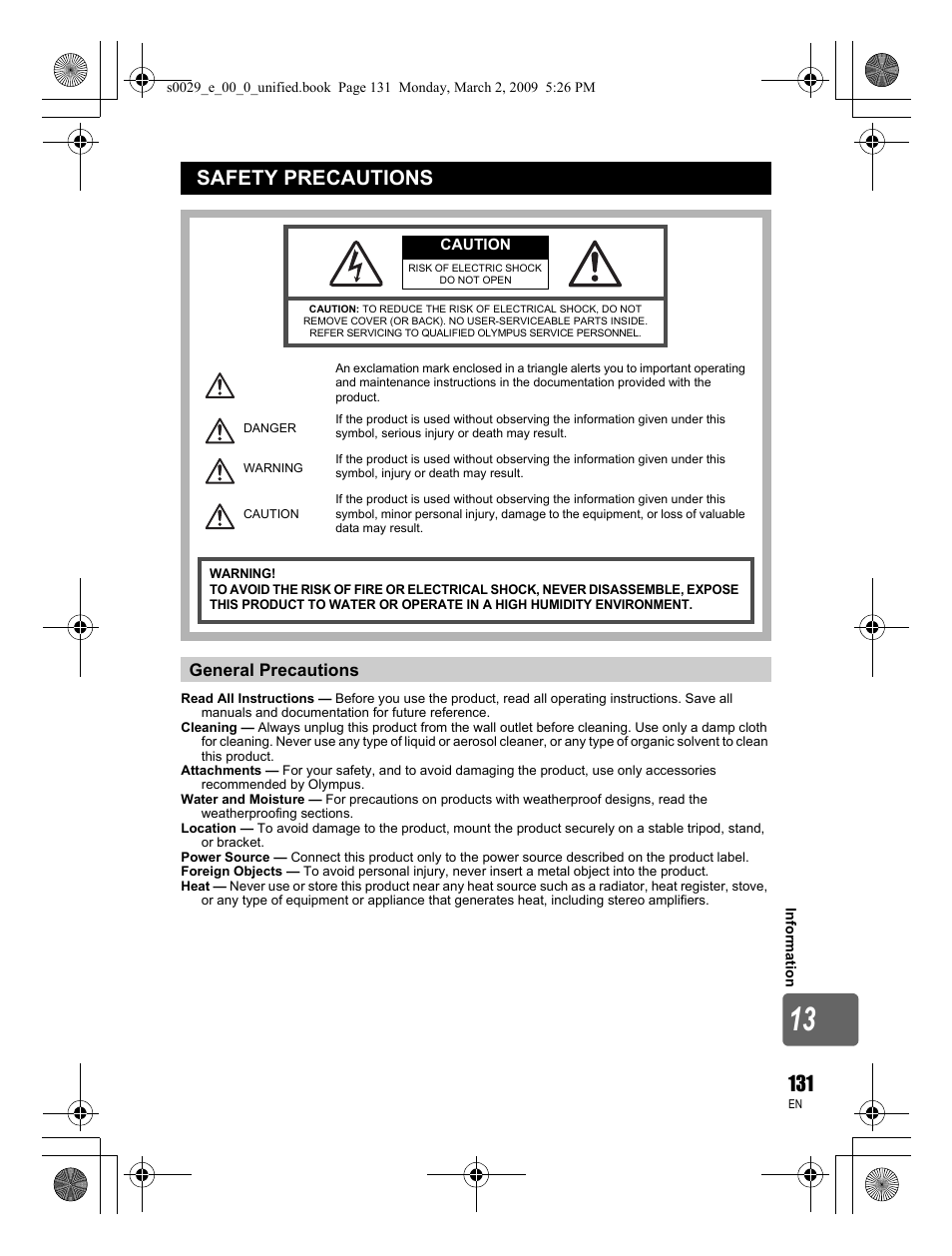 Safety precautions, General precautions | Olympus E-450 User Manual | Page 131 / 140