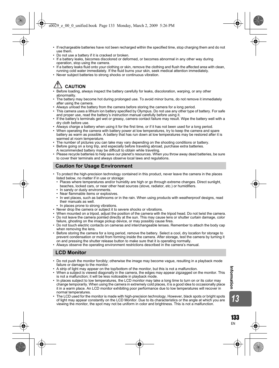 Caution for usage environment lcd monitor | Olympus E-450 User Manual | Page 133 / 140