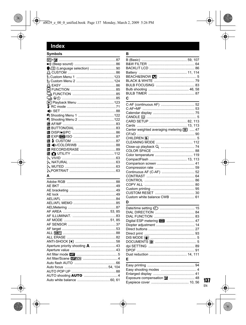 Index | Olympus E-450 User Manual | Page 137 / 140