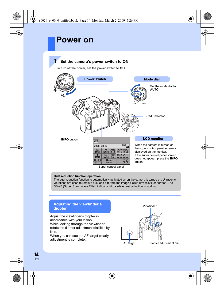 Power on | Olympus E-450 User Manual | Page 14 / 140