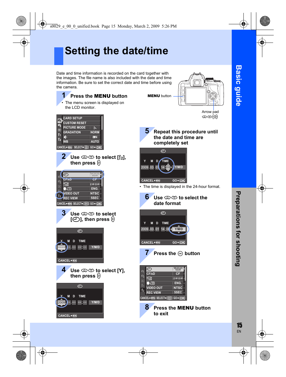 Setting the date/time, Basic guid e | Olympus E-450 User Manual | Page 15 / 140
