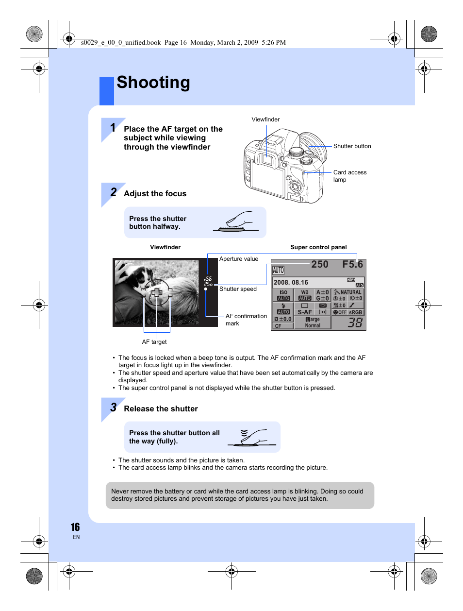 Shooting | Olympus E-450 User Manual | Page 16 / 140