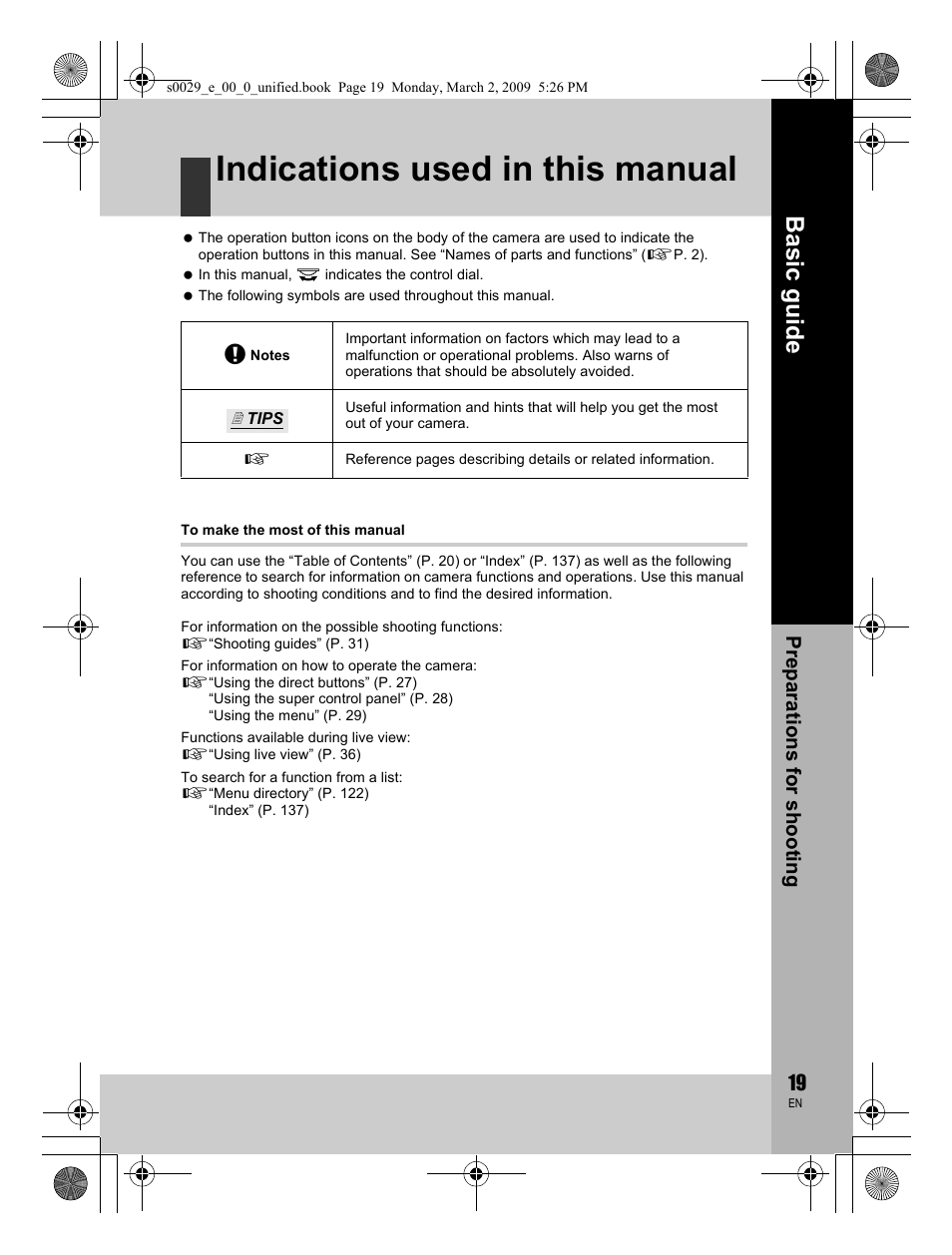 Indications used in this manual, Basic guid e | Olympus E-450 User Manual | Page 19 / 140