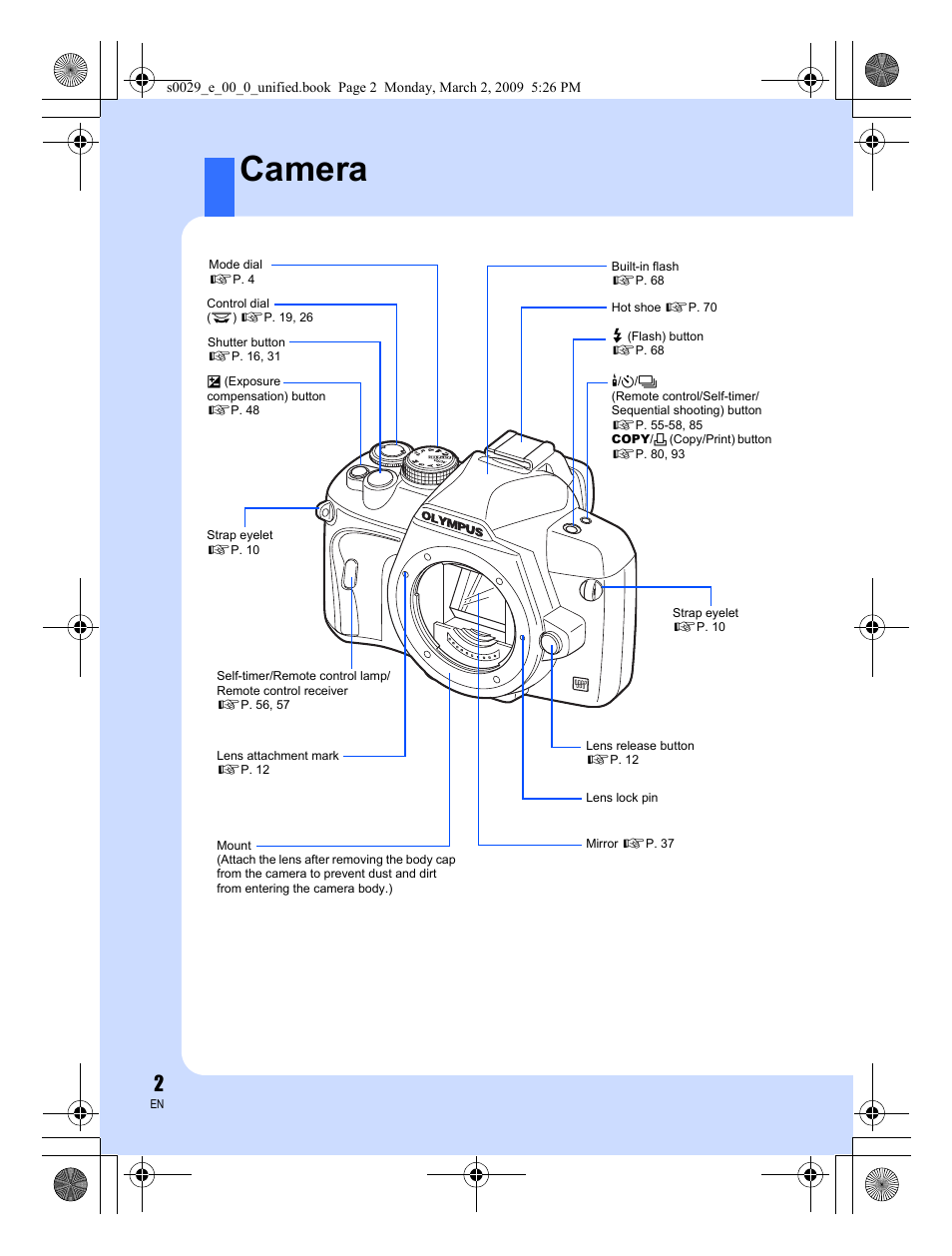 Camera | Olympus E-450 User Manual | Page 2 / 140