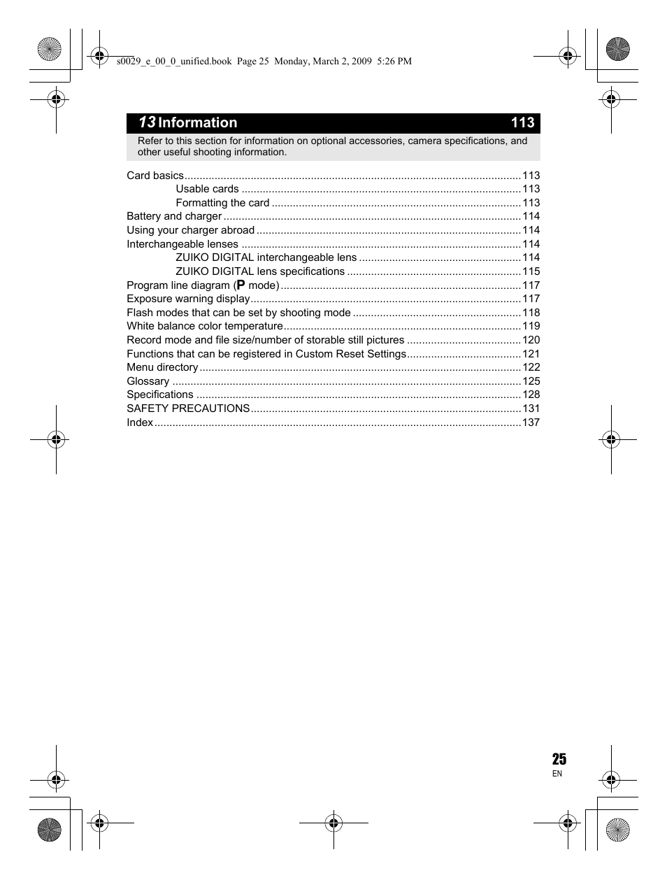 Information 113 | Olympus E-450 User Manual | Page 25 / 140