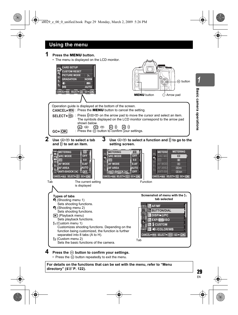 Using the menu | Olympus E-450 User Manual | Page 29 / 140