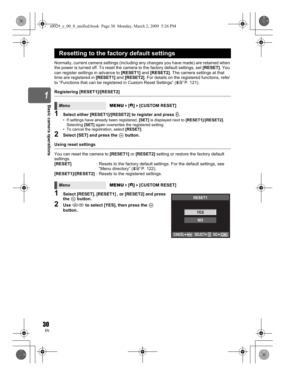 Resetting to the factory default settings | Olympus E-450 User Manual | Page 30 / 140