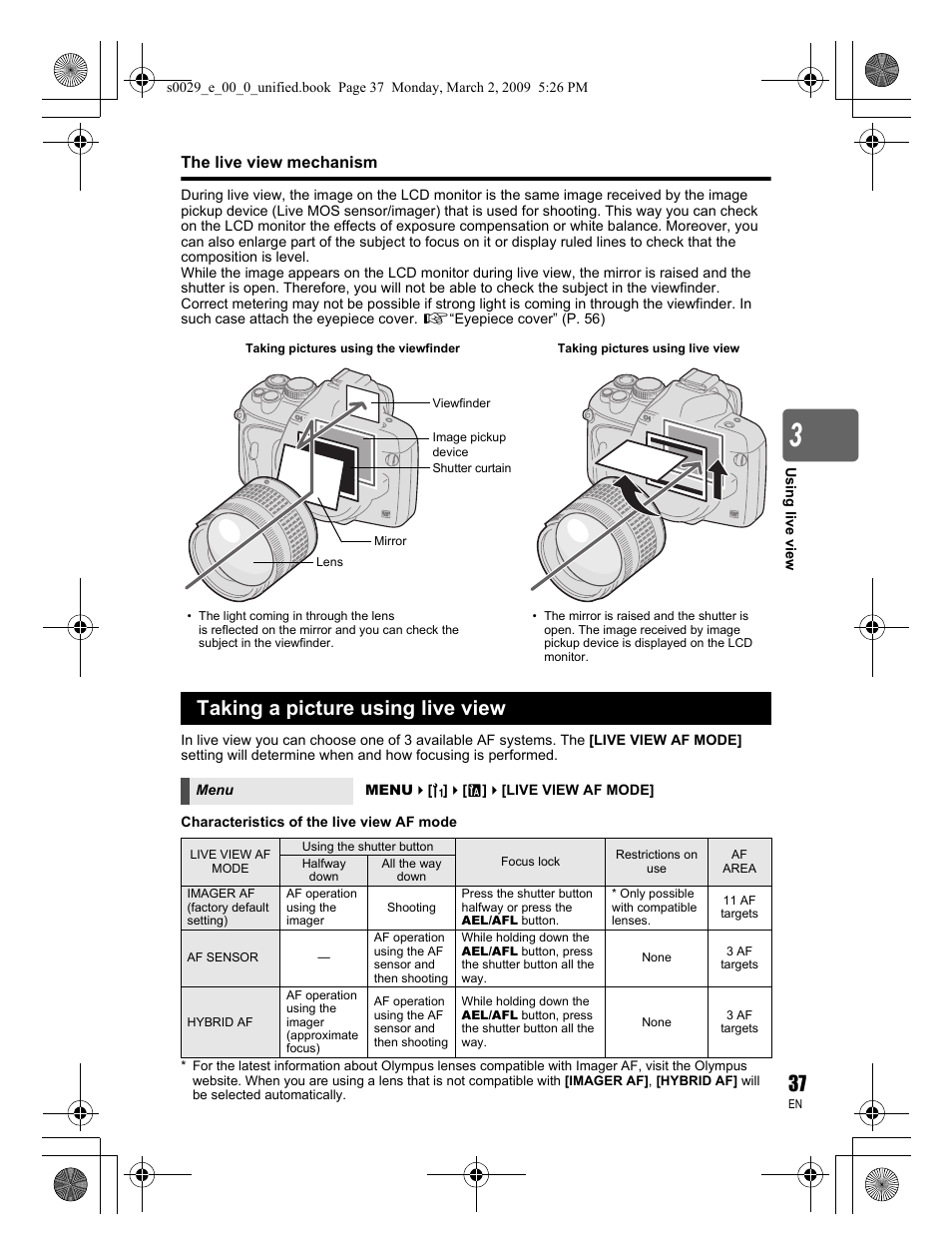 Taking a picture using live view | Olympus E-450 User Manual | Page 37 / 140