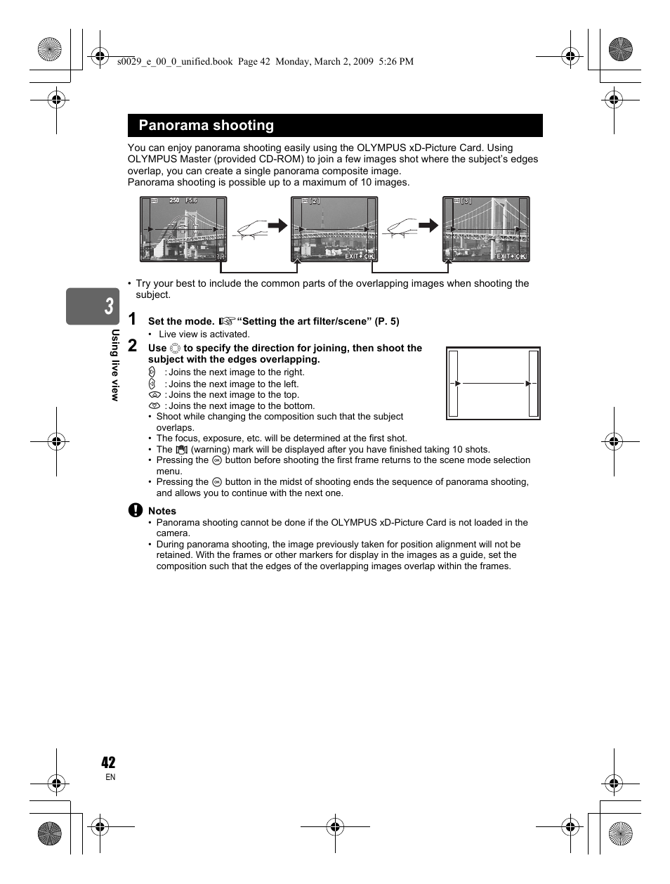 Panorama shooting | Olympus E-450 User Manual | Page 42 / 140