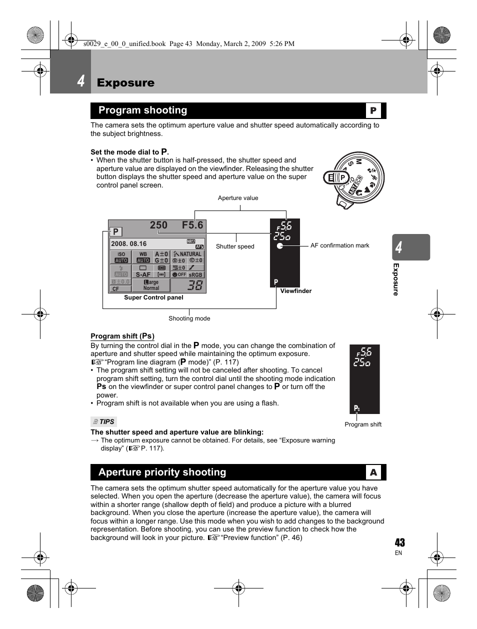 Exposure, Program shooting | Olympus E-450 User Manual | Page 43 / 140