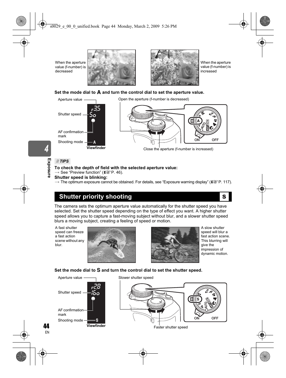 Shutter priority shooting | Olympus E-450 User Manual | Page 44 / 140