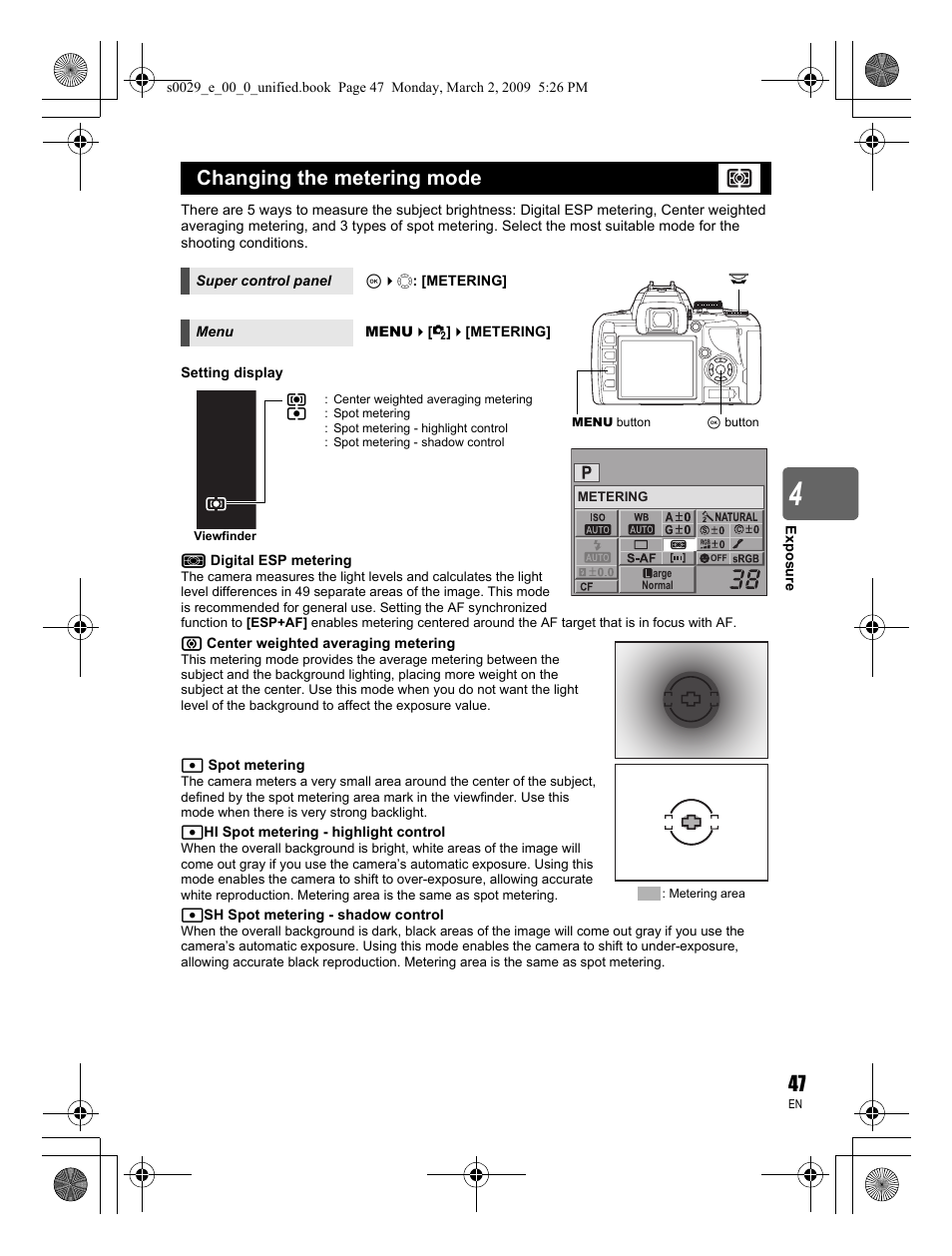 Changing the metering mode | Olympus E-450 User Manual | Page 47 / 140