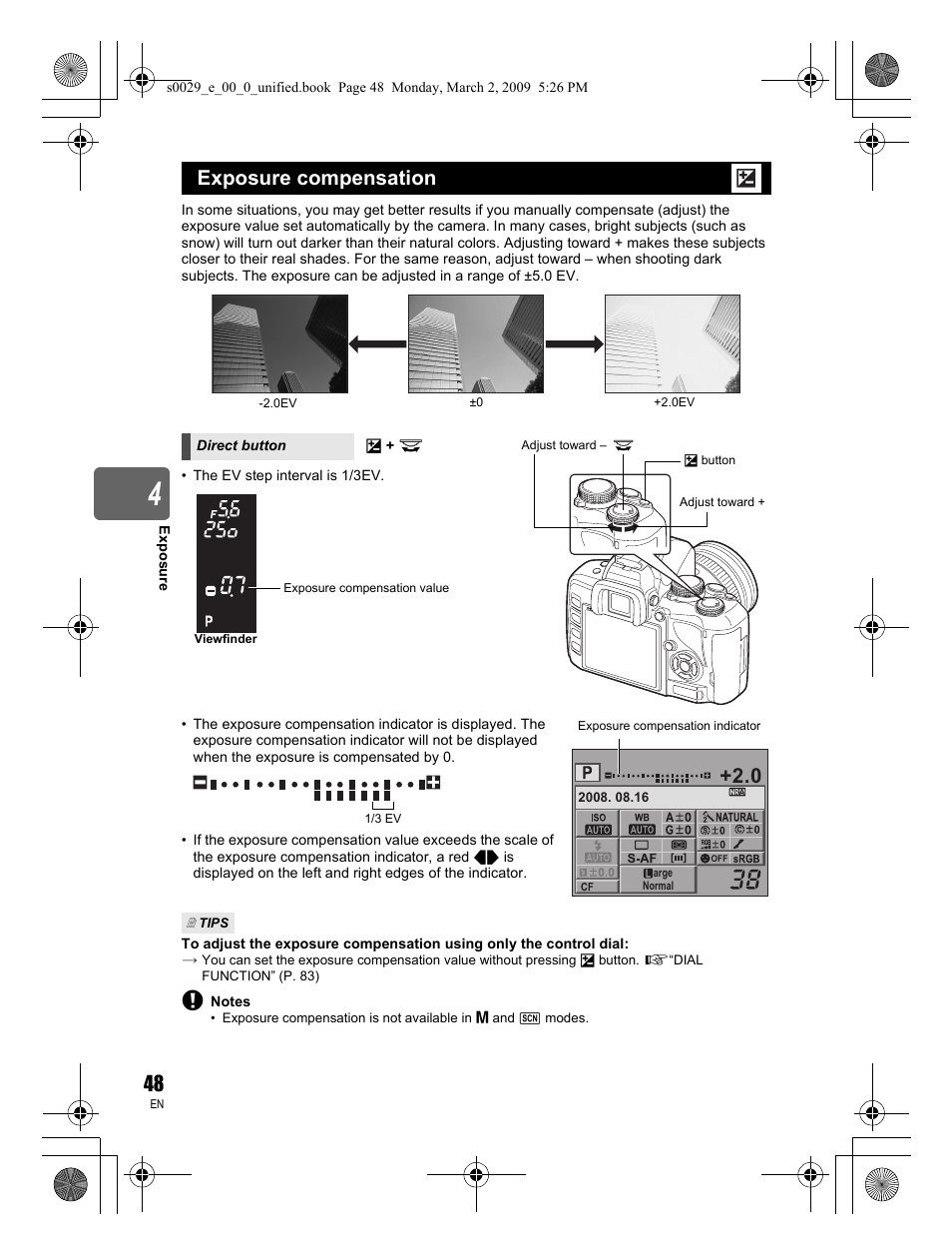 Exposure compensation | Olympus E-450 User Manual | Page 48 / 140