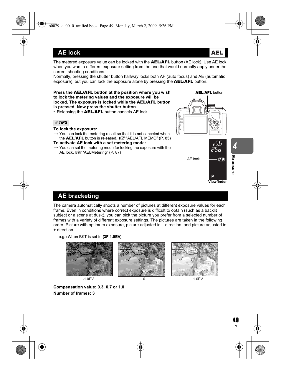 Ae lock, Ae bracketing | Olympus E-450 User Manual | Page 49 / 140