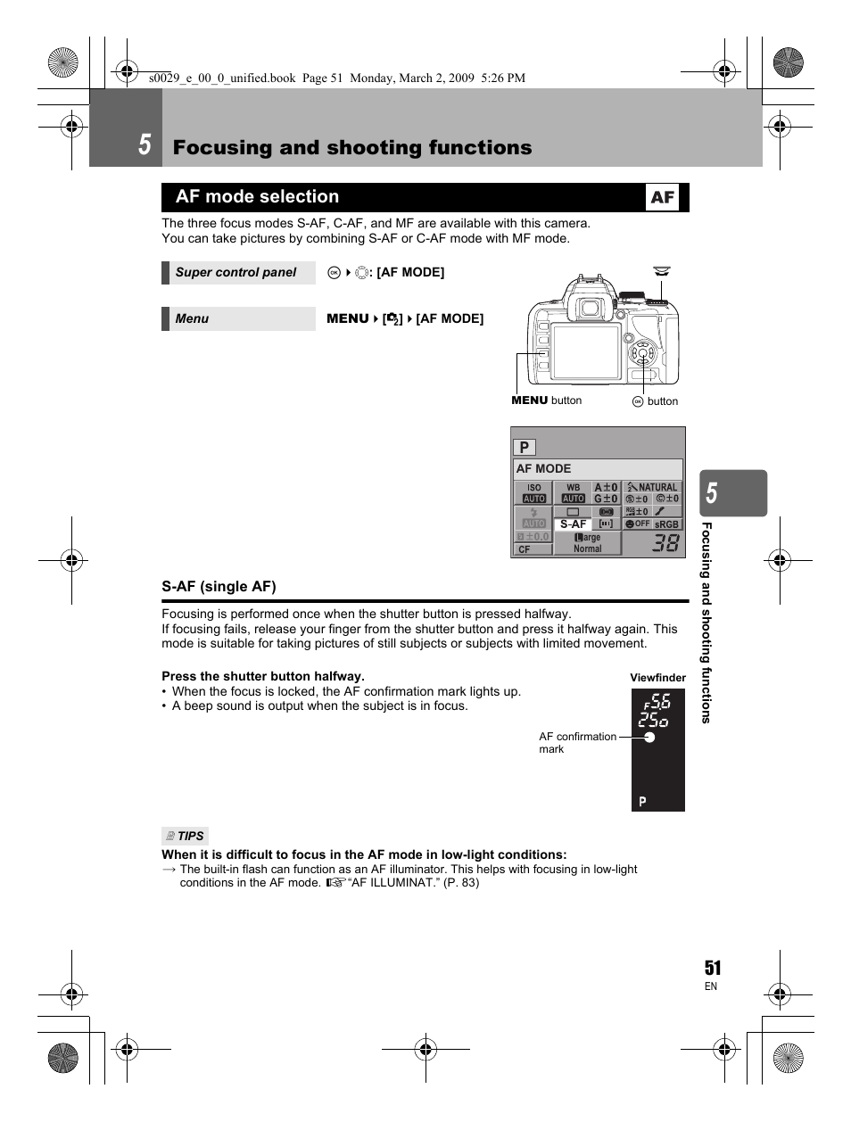 Focusing and shooting functions, Af mode selection | Olympus E-450 User Manual | Page 51 / 140
