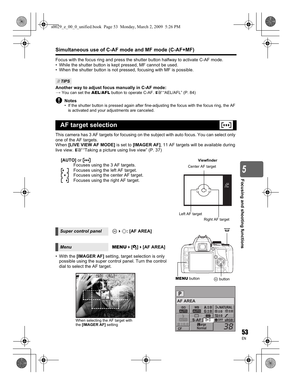 Af target selection | Olympus E-450 User Manual | Page 53 / 140