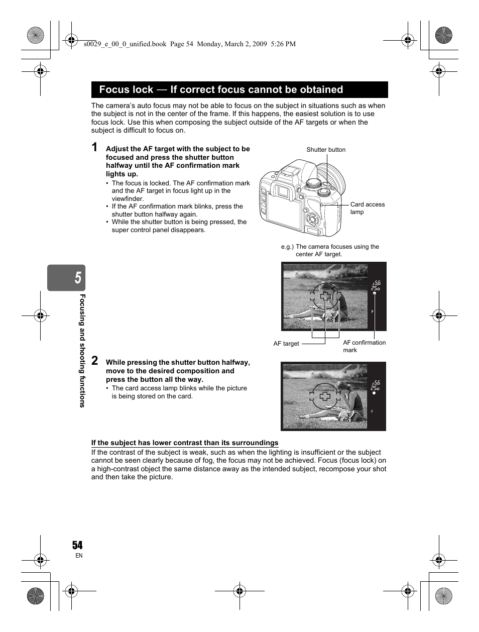 Focus lock k if correct focus cannot be obtained | Olympus E-450 User Manual | Page 54 / 140