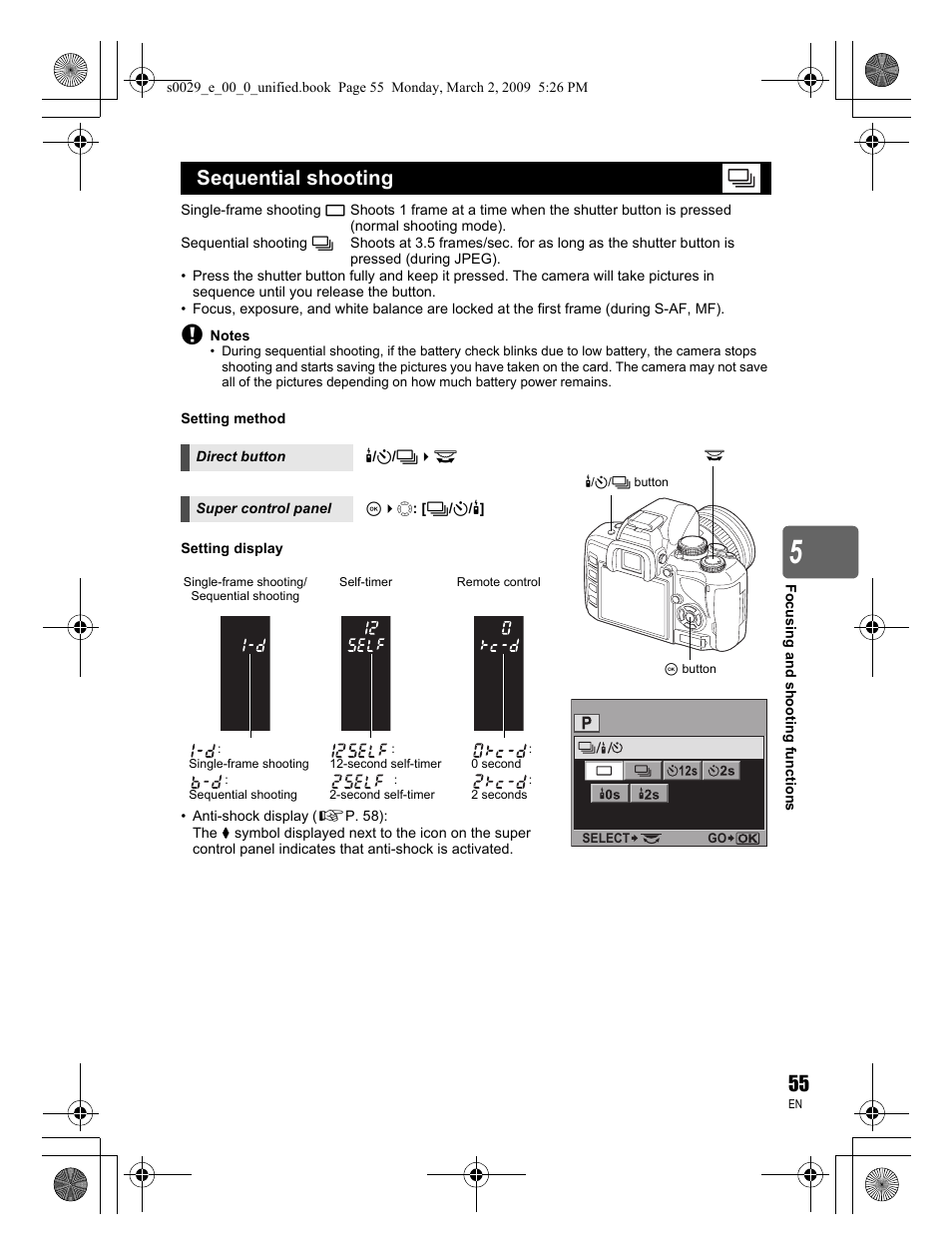 Sequential shooting | Olympus E-450 User Manual | Page 55 / 140