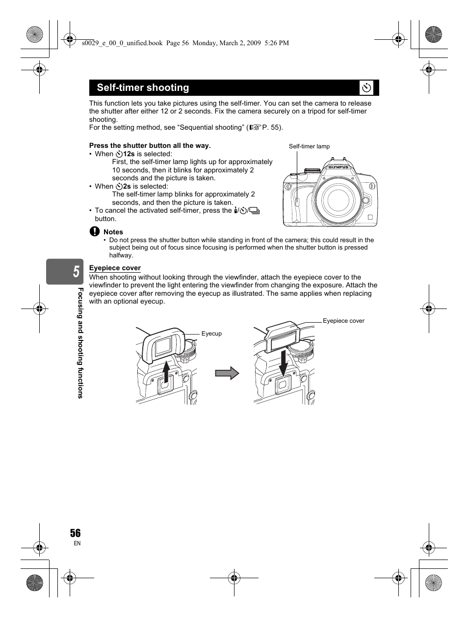 Self-timer shooting | Olympus E-450 User Manual | Page 56 / 140