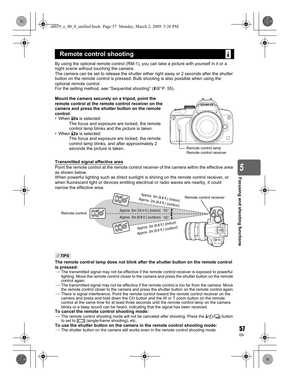 Remote control shooting | Olympus E-450 User Manual | Page 57 / 140