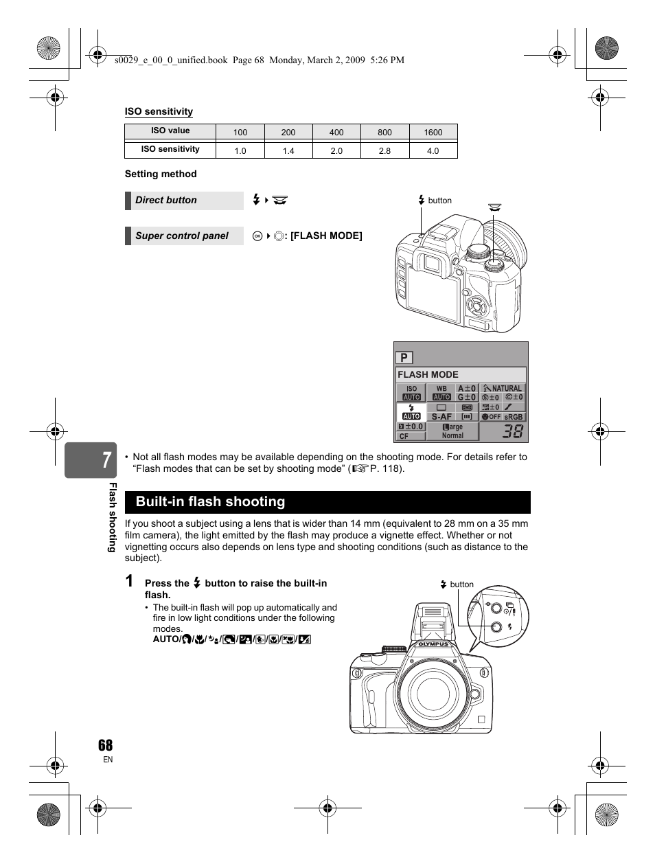 Built-in flash shooting | Olympus E-450 User Manual | Page 68 / 140