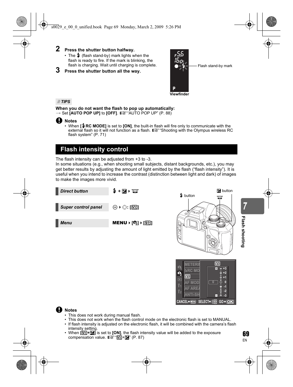 Flash intensity control | Olympus E-450 User Manual | Page 69 / 140