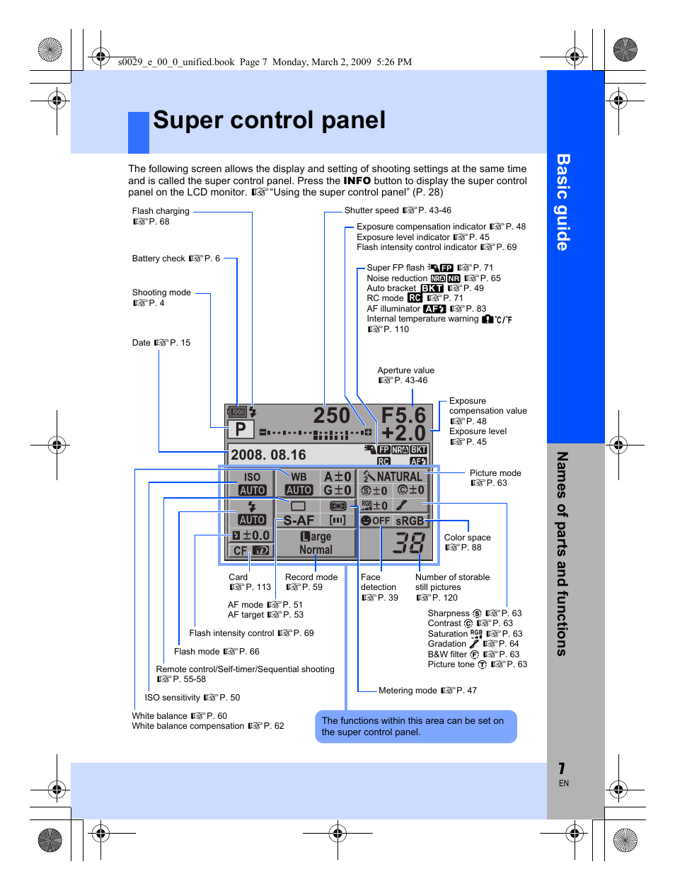 Super control panel, Basic guid e, Names o f par ts a nd fun c tion s | Olympus E-450 User Manual | Page 7 / 140