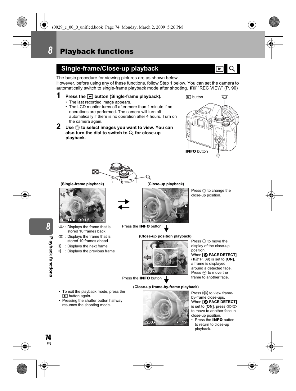 Playback functions, Single-frame/close-up playback | Olympus E-450 User Manual | Page 74 / 140