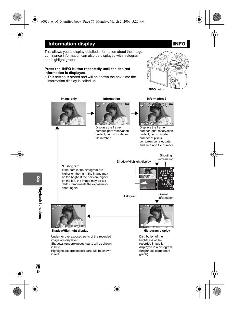 Information display, Pla y back functi ons | Olympus E-450 User Manual | Page 76 / 140