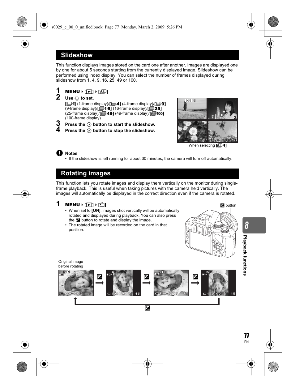Slideshow rotating images | Olympus E-450 User Manual | Page 77 / 140