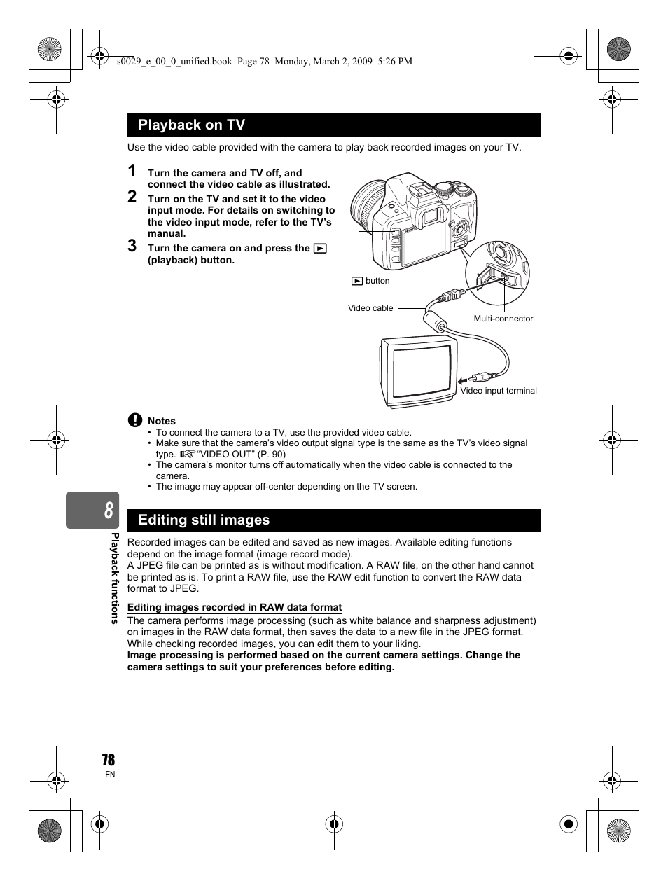 Playback on tv editing still images | Olympus E-450 User Manual | Page 78 / 140