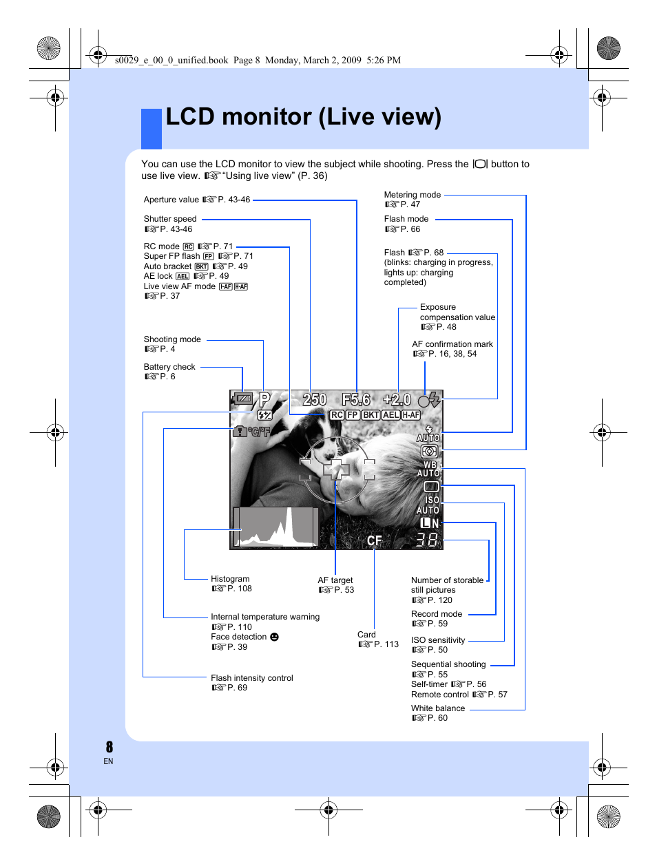 Lcd monitor (live view), L n n | Olympus E-450 User Manual | Page 8 / 140