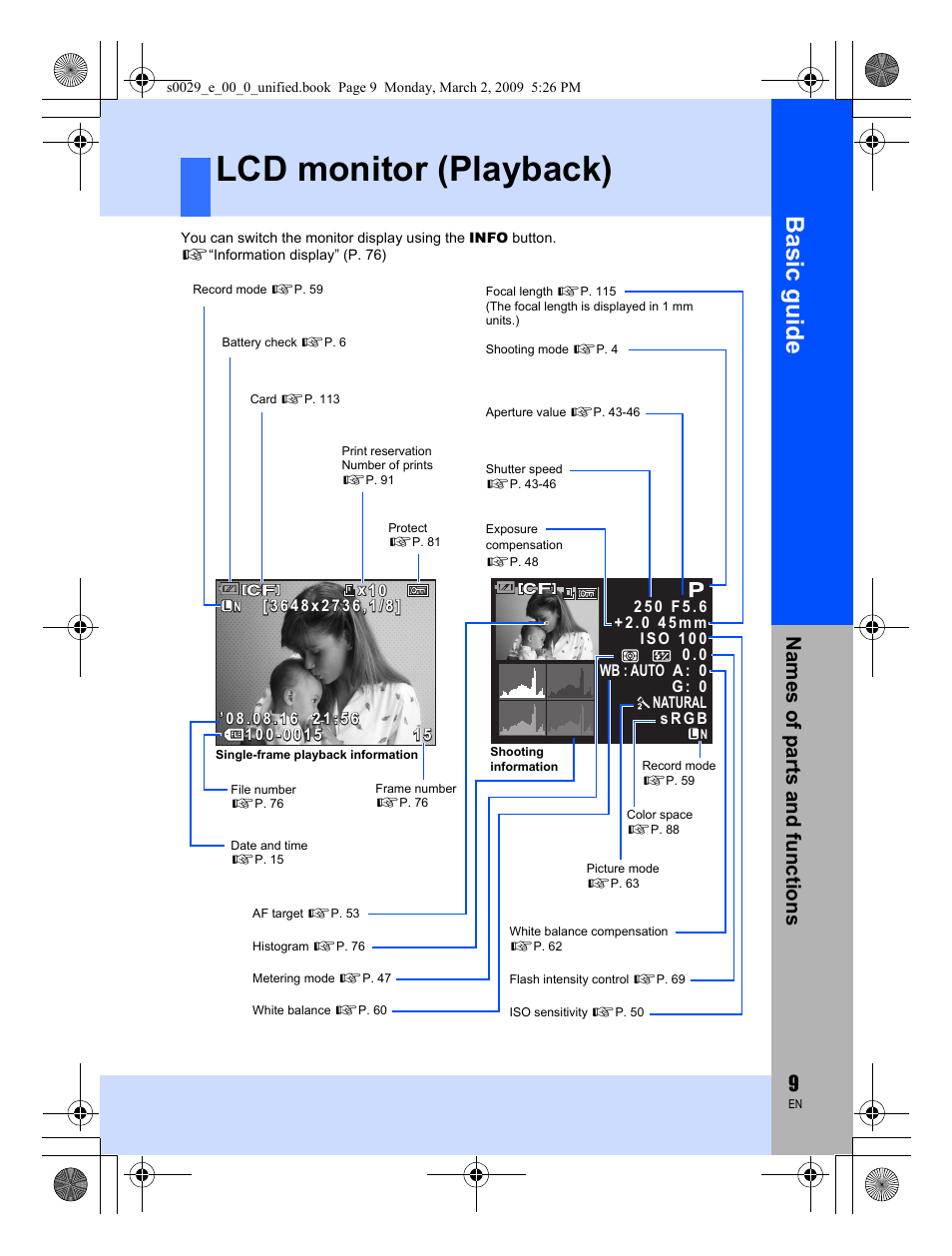 Lcd monitor (playback), Basic guid e, Names o f par ts a nd fun c tion s | Olympus E-450 User Manual | Page 9 / 140